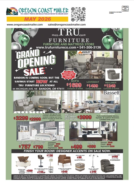 TRU Furniture grand opening sale flyer with photos of sofas and price labels at the Bandon, OR store.