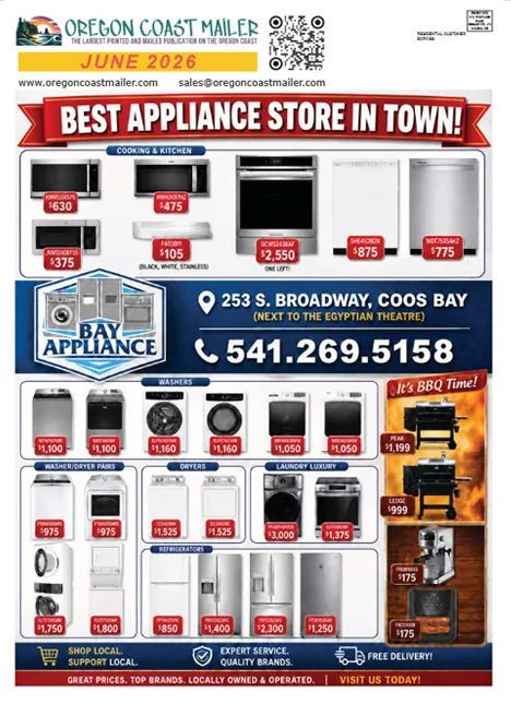 Advertisement for Best Appliance Store in Town showing appliances with sale prices and store contact info in a red banner layout.