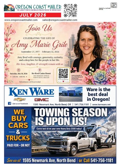 Oregon Coast mailer collage: top ad for the life celebration of Amy Marie Girle with a smiling woman beside pink flowers and event details.