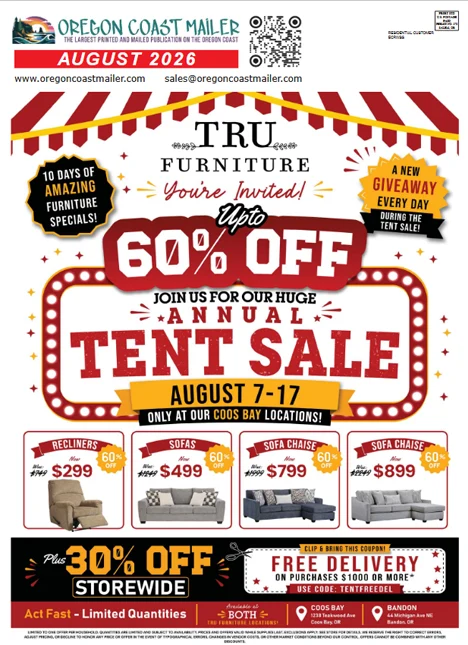 mailer-august-26 - Oregon Coast Mailer - Oregon Coast Mailer Promotional poster for TRU Furniture Tent Sale—up to 60% off, Aug 7–17 at Coos Bay locations, featuring sofa images and sale banners.